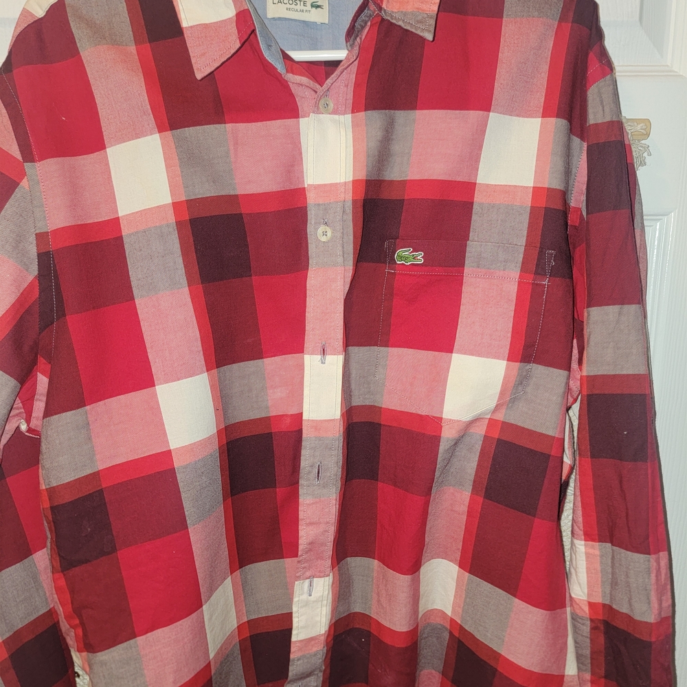 Lacoste Men's Red and White Checkered Shirt